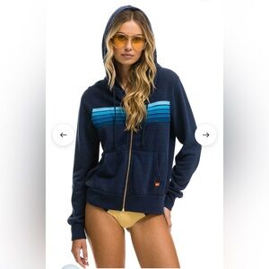 Aviator Nation 5 Stripe Hoodie in Navy/Blue Stripes (Medium)